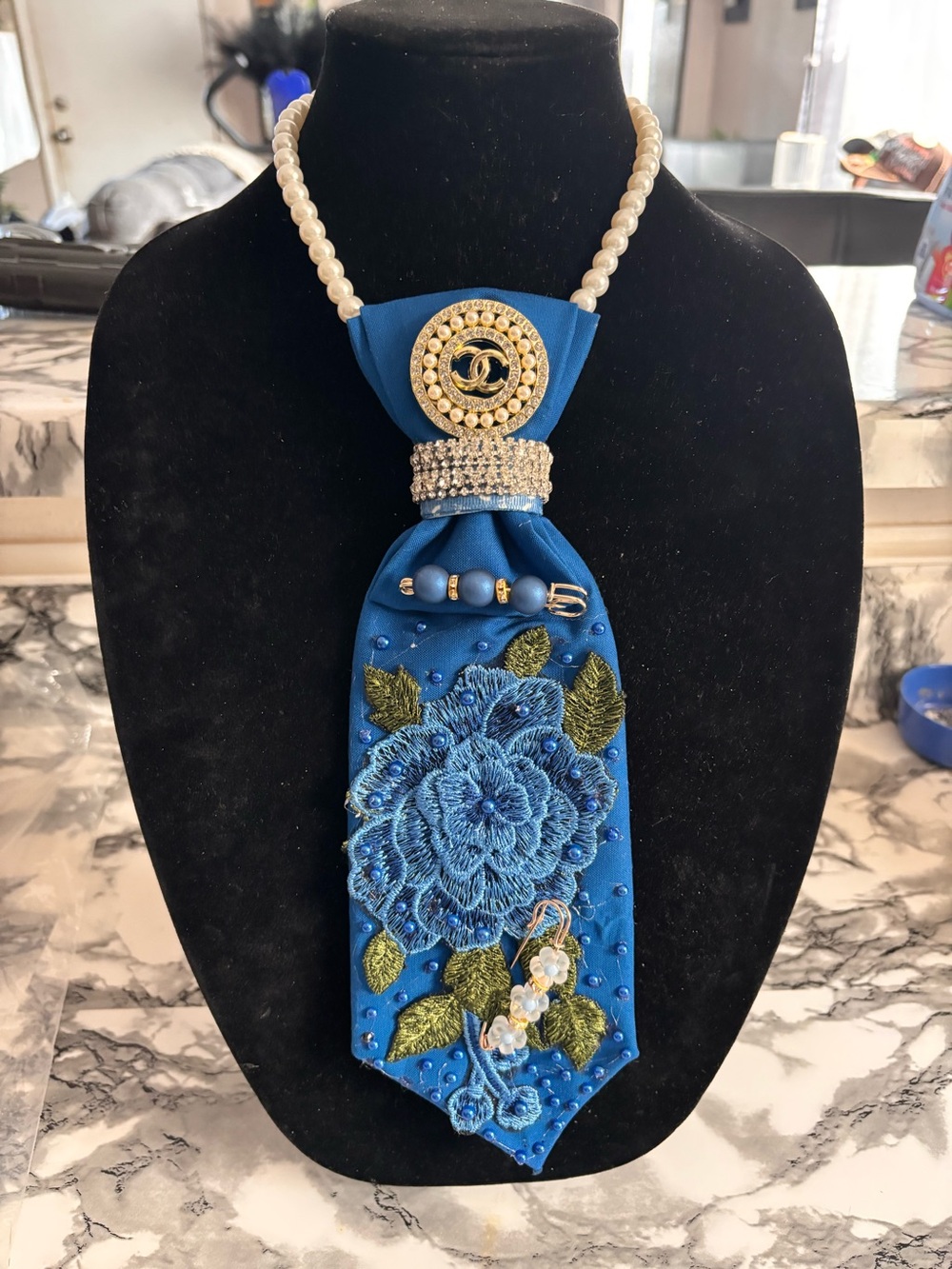Blue Embroidered Pearl Tie Necklace